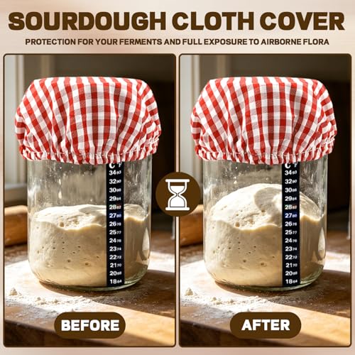 5-Pack Sourdough Starter Jar Covers Kit, 3 Colorful Linen Cloth + Dough Scraper + Temperature Strip, Unbleached Reusable Fermentation Cover for 3‑4 Inch Mason Jars, Sourdough Bread Baking Supplies
