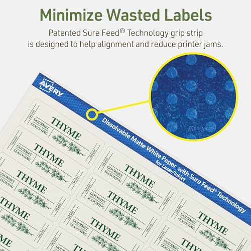 Avery Dissolvable Rectangle Labels, Sure Feed Technology, 1" x 2-5/8", Matte White, Laser/Inkjet Printable, 150 Labels Total, Freezer-Safe, Microwave-Safe, Refrigerator-Safe - style: 150 labels