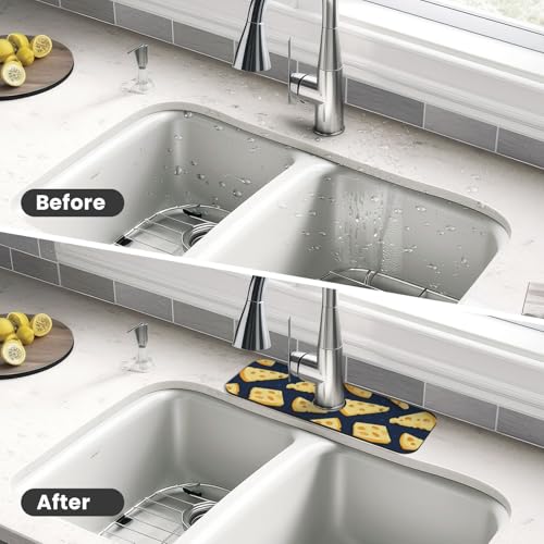 Faucet Mat for Kitchen Sink - Bright Cheese Print Fast Drying Absorbent Splash Guard, Around Faucet Draining Mat for Kitchen Bathroom Sink