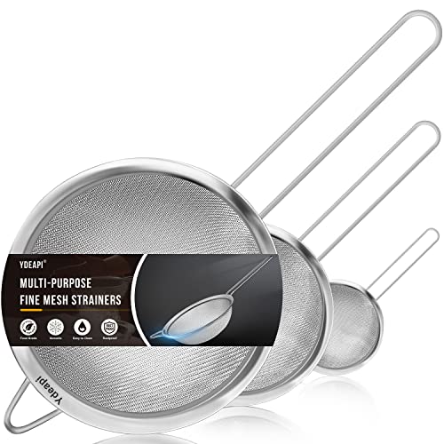 Ydeapi Fine Mesh Strainer, Stainless Steel Strainers with Sturdy Handle, Set of 3 Metal Sieve for Kitchen Food, Rice, Quinoa, Tea - 7", 4.6", 2.7" - size: 7" + 4.6" + 2.7"