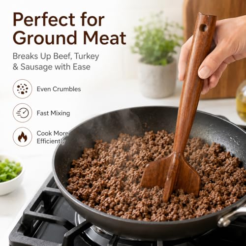 Teak Wooden Meat Chopper, Meat Chopper for Ground Beef, Heat-Resistant Non-Scratch Wooden Meat Masher for Hamburger, Beef, Turkey, Safe for Nonstick Cookware (1Pcs)