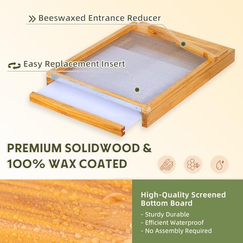MayBee 8 Frame Screened Bottom Board Bee Hive Bottom Board - 100% Beeswax Dipped Solid Wood Base with Entrance Reducer & Ventilation, Durable Beekeeping Supplies for Langstroth Beehives - color: 8 frame board