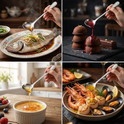 2 Pcs Small Ladle with Pour Spout, Stainless Steel Gravy Ladle with Long Handle Sauce Drizzle Spoon Small Sauce Spoon for Cooking Serving Canning