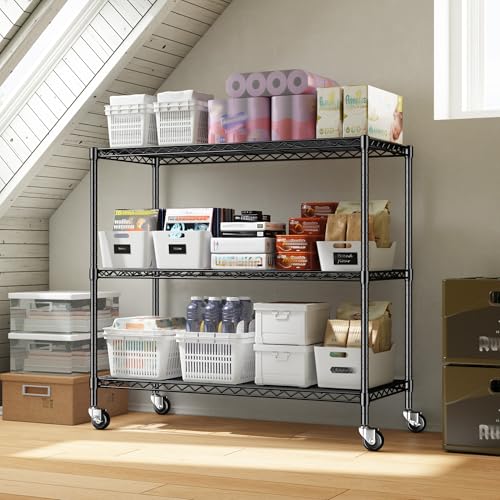 DurayLoly 3 Tier Metal Shelving Unit Adjustable Storage Shelves,Heavy Duty Shelf with Wheels for Kitchen,Office,Bathroom,Easy Assembly Wire Shelving for Laundry,Garage,45" W x 17.7" D x 41" H,Black. - color: Black