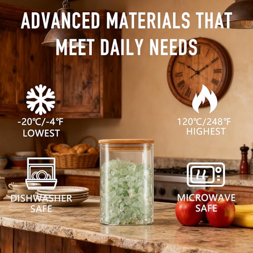 D2scrma 37oz Airtight Glass Square Storage Canisters with Bamboo Lid Set of 6 (1100ml) Stackable Containers, Kitchen Jars for Pantry Noodles, Flour and Coffee beans (‎with Black Lable) - size: 37oz*6