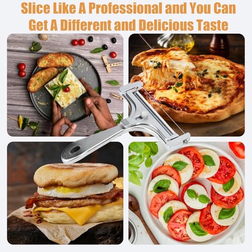 OYEWALLS Adjustable Wire Cheese Slicer for Block Cheese, Handheld Stainless Steel Cheese Cutter with 4 Extra Wires, Premium Rolling Cheese Wire Slicer for Mozzarella, Cheddar, Gruyere - color: Silver