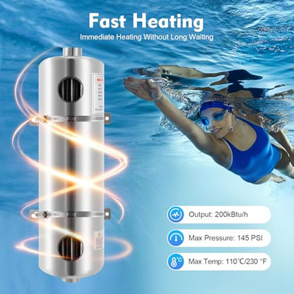 200K BTU Stainless Steel Heat Exchanger - 304 Pool Heat Exchanger for Swimming Pool, Spa, Hot Tub, 1" & 1.5" FPT Ports, Salt Water Resistant