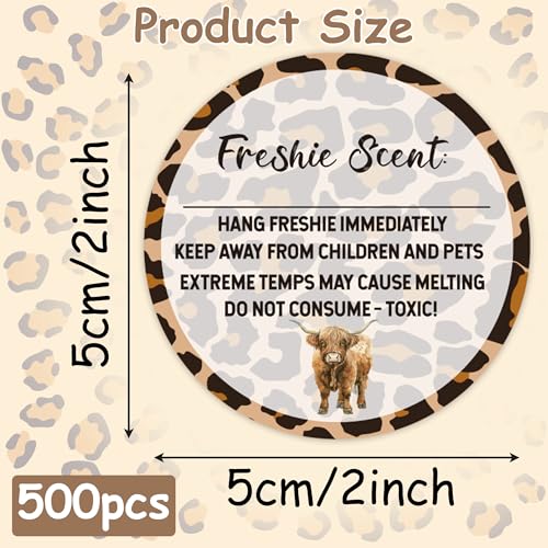 PANTIDE Freshiess Scent Care Instruction Stickers - 500 Count Car Freshie Warning Round Labels, Adhesive Roll Stickers with Line to Write Thermal Printed for Small Business (2 x 2 Inch, Leopard Cow) - color: Freshiess Leopard Cow