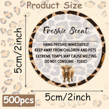 PANTIDE Freshiess Scent Care Instruction Stickers - 500 Count Car Freshie Warning Round Labels, Adhesive Roll Stickers with Line to Write Thermal Printed for Small Business (2 x 2 Inch, Leopard Cow) - color: Freshiess Leopard Cow