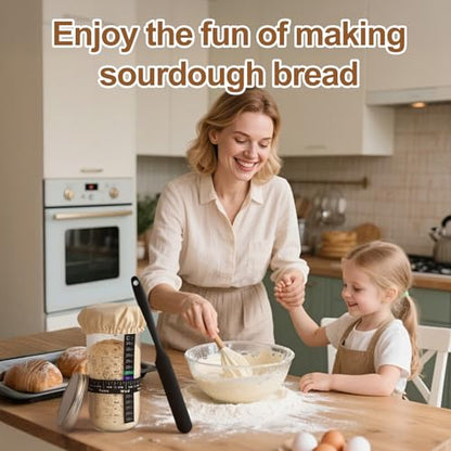 24 oz Wide Mouth Sourdough Starter Jar Kit, Glass Fermentation Container with Date Marker, Thermometer, Silicone Scraper & Lids, Airtight Glass Storage Canister for Homemade Bread Baking, Complete Sourdough Baking Supplies