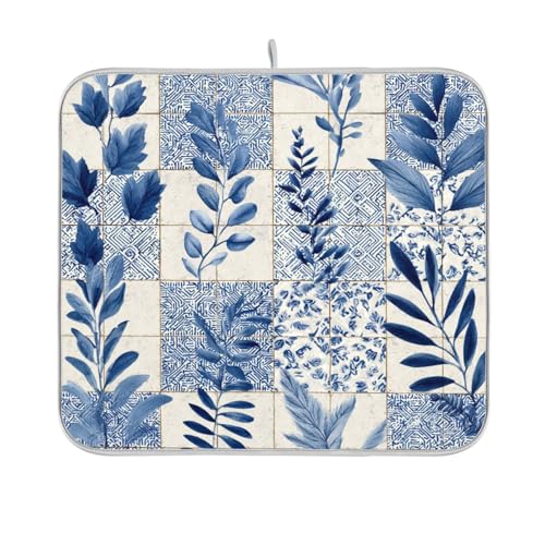 Blue White Tiles Plant Dish Drying Mat for Kitchen Counter Microfiber Absorbent Drainer Draining Rack Mats Small Cloth Kitchen Drying Pad Heat Resistant for Countertop 16x18 - color: Blue Boho Plant, size: 16x18in
