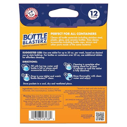 Arm & Hammer Bottle Blasterz - Drop-In Cleaning Tablets - Perfect for Water Bottles, Tumblers, and Coolers - All-Natural Ingredients, Eliminates Odors, Fast-Acting, Individually Packed (12 Count)