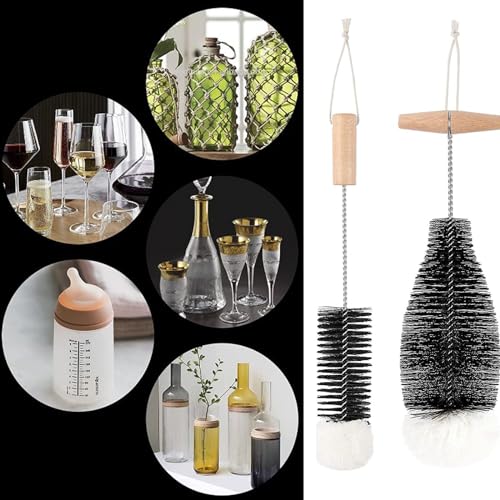 2in1 35cm Extra Long Bottle Brush with Wooden Handle, 100% Scratch-Free Bottle Cleaning Brush Deep Cleaner for Washing Thermos Cup Narrow Neck Beer, Wine Bottles (Black)
