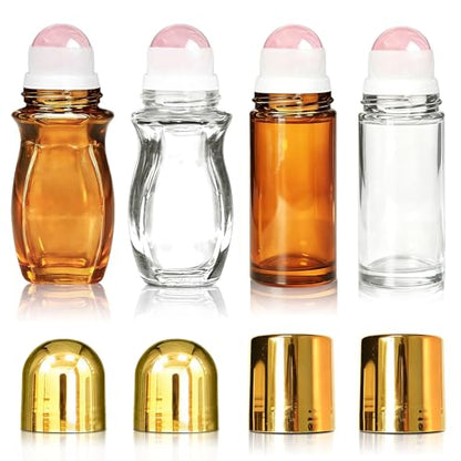 4 Pack Rose Quartz Roller Bottles for Essential Oils, 50ml Refillable Amber Glass Roll On Bottles with Natural Crystal Roller Balls, Leak-Proof Travel Perfume Bottle with Gold Caps - size: 4 Pack