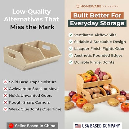 Potato and Onion Storage Bin for Pantry and Kitchen Counter - Ventilated Stackable Bamboo Organizer Baskets with Handles - color: Bamboo