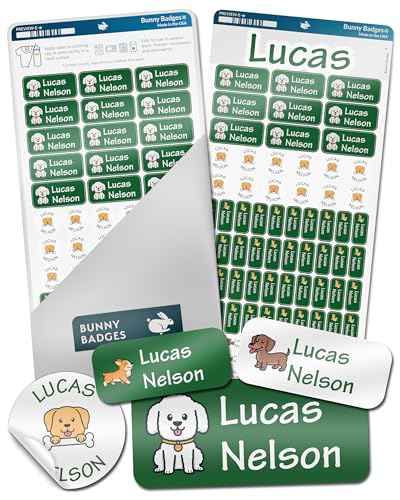 Bunny Badges Personalized Daycare Name Labels for Kids (130 Labels) - Custom Waterproof Name Stickers for Clothing Tags, Water Bottles, Lunch Boxes and School Supplies (Dogs) - color: Dogs