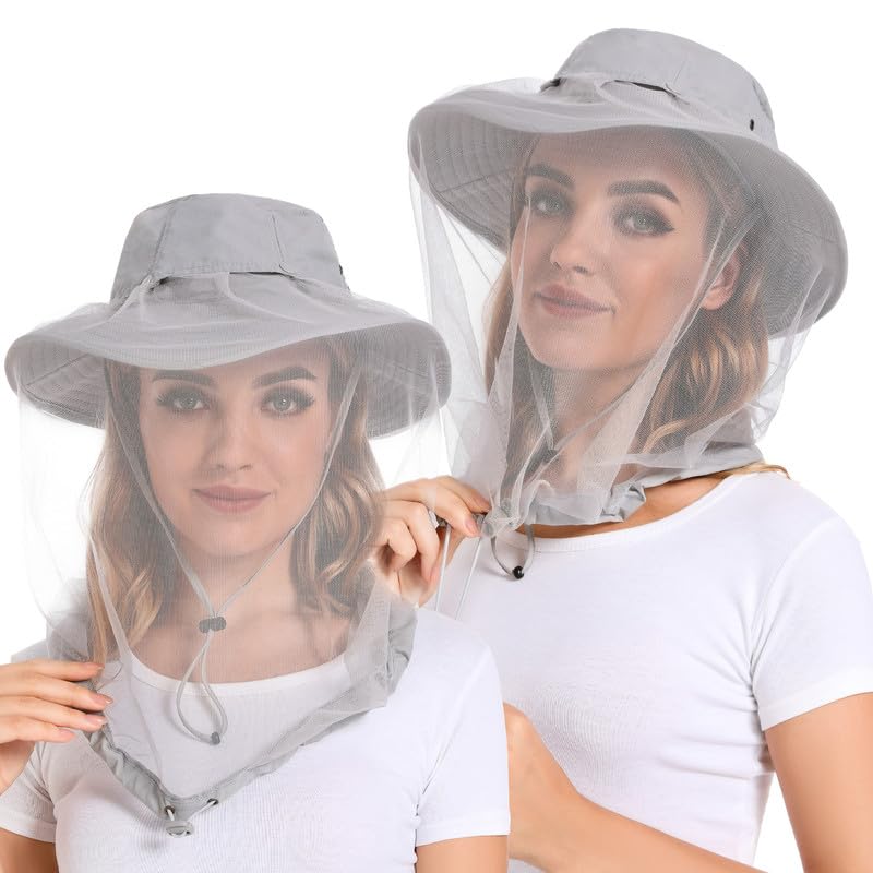 Mosquito Head Net Hat - Bug Cap UPF 50+ Sun Protection with Hidden Netting for Beekeeping Hiking Women - color: Grey X 2pack