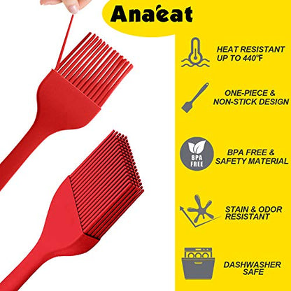 Anaeat High Heat Resistant Silicone Basting Pastry Brush Set of 2- Hygienic One-Pieces Design Spread Oil Butter for BBQ Grill Barbecue Baking Kitchen Cooking - BPA Free & Dishwasher Safe (10"+8.2") - color: Red 2 Pcs (10"+8.2")