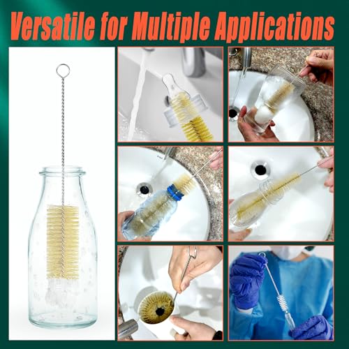 9-Pack Thin Long Handle Bottle Brushes, Stainless Steel Wire Cleaners with Boar Bristle & Wool Tip, Flexible Narrow Neck Cleaner for Wine Bottles, Tubes, Straws, Pipe, Hose & Decanter