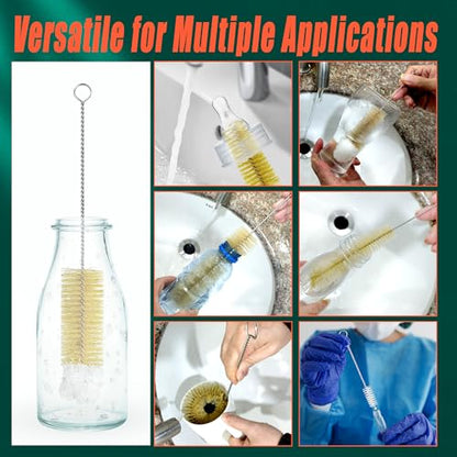 9-Pack Thin Long Handle Bottle Brushes, Stainless Steel Wire Cleaners with Boar Bristle & Wool Tip, Flexible Narrow Neck Cleaner for Wine Bottles, Tubes, Straws, Pipe, Hose & Decanter