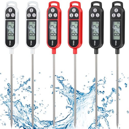 Copkim 6 Pcs Instant Read Meat Thermometer with Long Probe 9.65 Inch Kitchen Cooking Food Candy Waterproof Digital Thermometer for BBQ Water Milk Yogurt Liquid (Round&Square Ring,Black,White,Red) - color: Black, White, Red