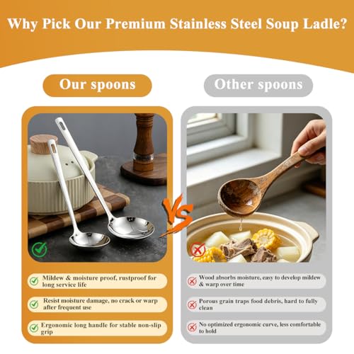 Kyraton 2 Piece Soup Ladle Set, 11.8" Large & 9.6" Small Stainless Steel Ladles, One-Piece Ergonomic Cooking Spoons, Dishwasher Safe Heavy Duty Serving Utensils for Home Kitchen Soup Sauce Noodle