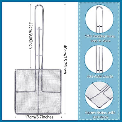 Mumufy 2 Pcs Square Fine Mesh Skimmer Spider Strainer Oil Skimmer for Deep Fryer Frying Scoop Stainless Steel Spider Strainer with Long Handle for Kitchen Swimming Pools Fried Food (6.7 x 6.7 Inch) - size: 6.7 x 6.7 Inch