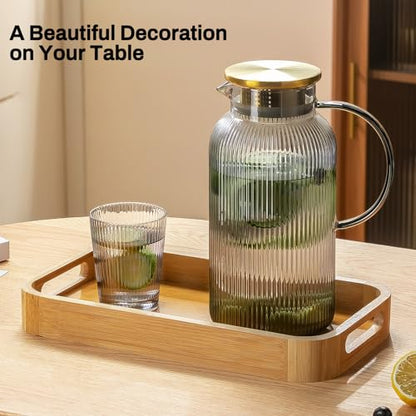Buaic 2 PACK Glass Pitcher with Lid, 68 oz/ 2 Liter Gray Classic Vertical Stripes Water Pitcher,Glass Water Carafe for Cold Brew, Coffee, Lemonade, Iced Tea,Beverage, Heat Resistant Water Glass Jug - color: Gray, size: 2L-2 PACK