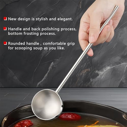 Small Soup Ladle SUS304 Stainless Steel Metal Deep Spoon With Pour Spout 2 oz Long Handle Gravy Ladles Heat-Resistant for Kitchen Cooking Serving Soups and Drizzle Sauces 2 Pack Set (10.5 inch)