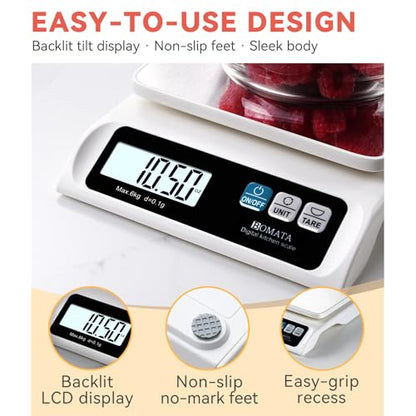 BOMATA 0.1g/ 13lb Food Scale, USB Rechargeable, Digital Kitchen Scale with Removable Stainless Steel Pan, Backlit LCD Display, for Cooking, Baking B621 White - color: White Rechargeable