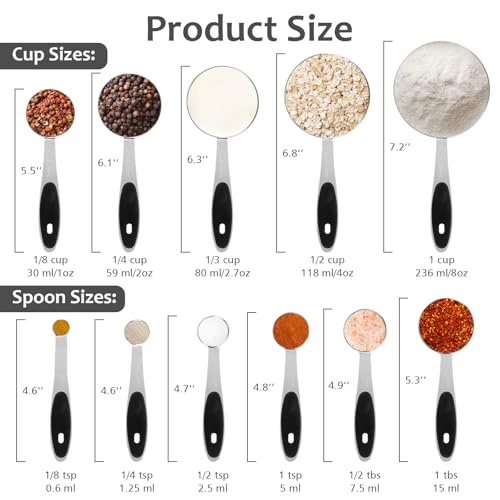 Accmor 11 Piece Metal Measuring Spoons Cups Set, Premium Stainless Steel Stackable Tablespoons Measurement kit, Kitchen Gadgets Cups and Spoon for Dry Liquid Ingredients Cooking Baking (Black Handle) - color: Silver/Black Handle