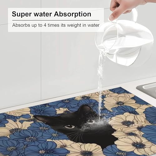 Black Cat Dish Drying Mat for Kitchen Counter Microfiber Super Absorbent Non-Slip Dish Drying Pad for Countertops Dishes Utensils Stylish Quick-Dry Machine Washable 18x24 Inch - color: Black Cat