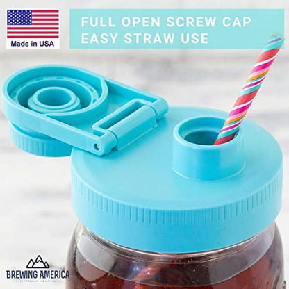 Brewing America Glass Mason Jar Pitcher with Lid, 1 Quart (32 oz) with Teal Wide Mouth Pour Lid, for Smoothie, Boba Cup, Sun Tea, Cold Coffee Glass Tumbler, 2-Pack - color: Teal
