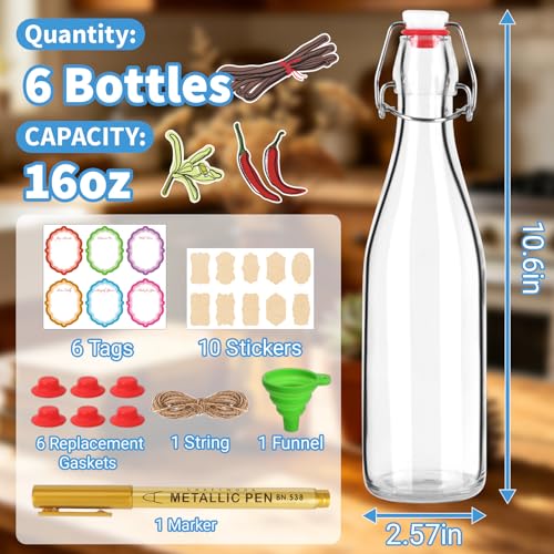 6 Pack 16oz Swing Top Glass Bottles – Flip Top Bottles with Stoppers for Vanilla Extract, Kombucha, Kefir, Home Brewing, Fermentation & Gifting, Includes Funnel & Extra Gaskets