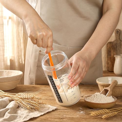 34 oz Sourdough Starter Jar, Large Artisan Glass Sourdough Starter Jar Kit with Long Silicone Spatula, Temperature Strip, Feeding Tracking Band, Linen Cloth Cover & Aluminum Lid
