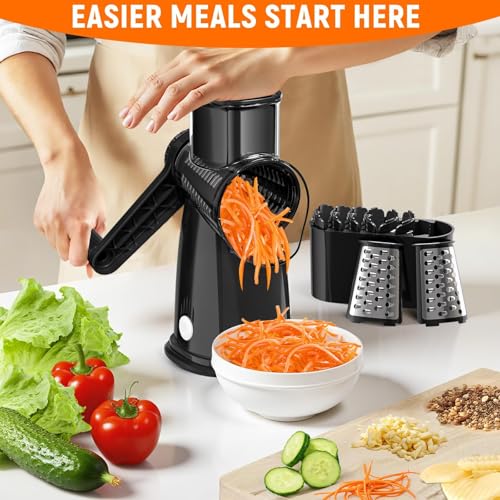 Rotary Cheese Grater Hand Crank, 5-in-1 Vegetable Shredder Chopper Spiralizer Slicer with 5 Interchangeable Blades for Vegetable, Cheese, Fruit, with Blades Storage Box & Stable Suction Base (Black) - color: Black