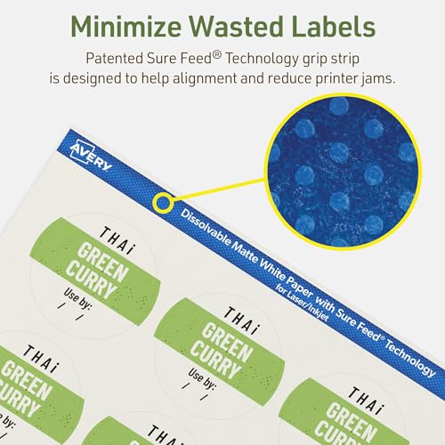 Avery Dissolvable Round Labels, Sure Feed Technology, 2.25" Diameter, Matte White, Print-to-The-Edge, Laser/Inkjet Printable, 60 Labels Total - style: 60 labels