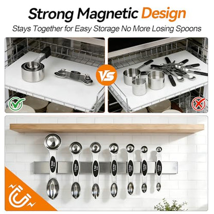 -BINGBING- Magnetic Measuring Cups and Spoons Set of 13, Stainless Steel | 5 Magnetic Cups and 8 Double-Sided Spoons with Leveler, Stackable, Kitchen Gadgets for Cooking and Baking