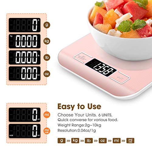 Mik-Nana Food Scale Pink, 10kg/22lb Digital Kitchen Scale Weight Grams and Oz for Baking and Cooking, 1g/0.1oz Precise Graduation, Easy Clean Stainless Steel - color: Pink