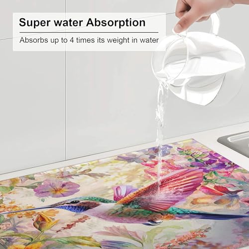 Hummingbird Dish Drying Mat for Kitchen Counter Microfiber Super Absorbent Non-Slip Dish Drying Pad for Countertops Dishes Utensils Stylish Quick-Dry Machine Washable 18x24 Inch - color: Hummingbird