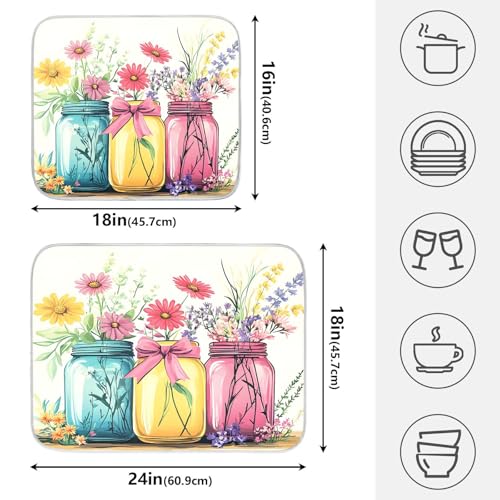 Mason Jar Flower Dish Drying Mat Dishes Pad Absorbent Fast Dry Dish Drainer Mat Protector for Kitchen Counter 16x18 Inches - size: 16" x 18"