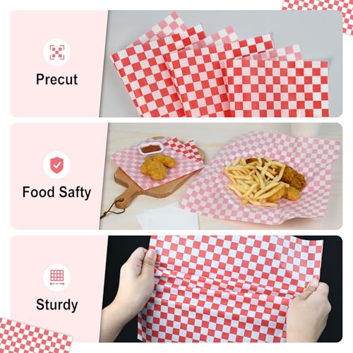 EcoDispose 12 x 12 Inches Grease Proof Deli Paper Precut Sheets for Deli Food, BBQ, Picnic, Party (100 Pcs, Red&White Checker) - size: Red Checker 12"x12"