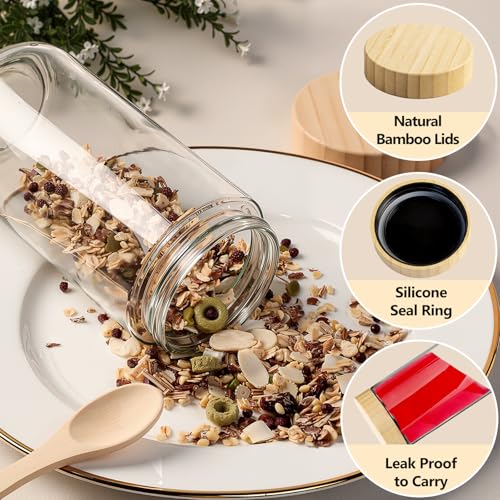 TBWIND 4 Pack 24oz Glass Jars with Bamboo Lids, Spoons, Airtight Overnight Oats Containers, Wide Mouth Mason Jars, Food Storage Container for Yogurt Salad Snacks Spice Sugar Meal Prep – Reusable - color: 24oz-Natural Lids-4 Spoon