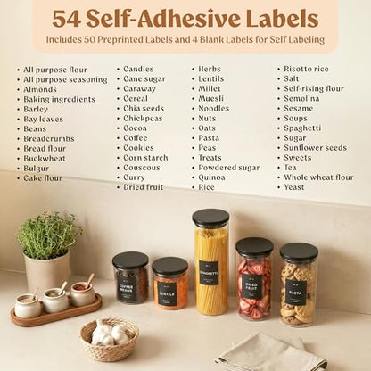 EDELHAUS Glass Storage Containers with Black Lids [Extra Thick Glas] with 54 Labels - Canister For Pantry Noodles Flour Cereal Rice Sugar Tea Coffee Beans - Round Set of 5x - color: 5 Pack - Black Lids