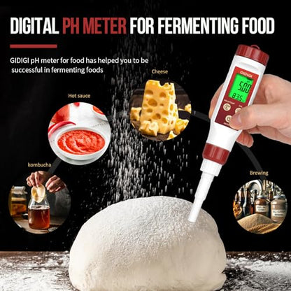 Digital pH Meter for Food Fermentation with pH Calibration Solution | Spear Tip Food pH Tester Fermentation, Hot Sauce Canning, Cheese Cooking Sourdough Bread, Water Resistant, Solid and Water - color: Red