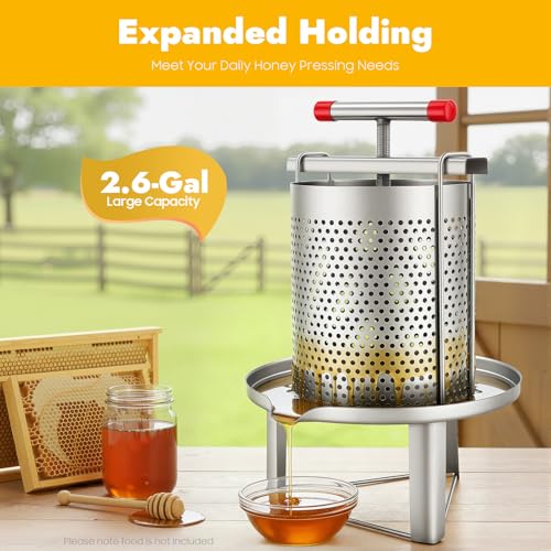 Large Fruit Honey Presser, 304&201 Stainless Steel Honey Press with T-Shape Handle, Manual Honey Extractor Pressing Machine, for Beekeeping, Household Farm, Apiary, Bee Yard