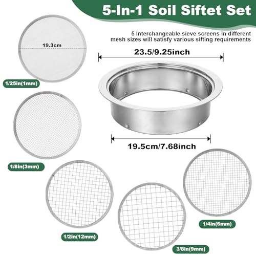 7 Pcs Soil Sifter Set Stainless Steel Riddle Sieve Set for Gardening with 5 Sizes 7.68" Diameter 1/3/6/9/12mm Interchangeable Meshes - Garden Potting Sieves with Shovel - Planting Soil Sifters Strains
