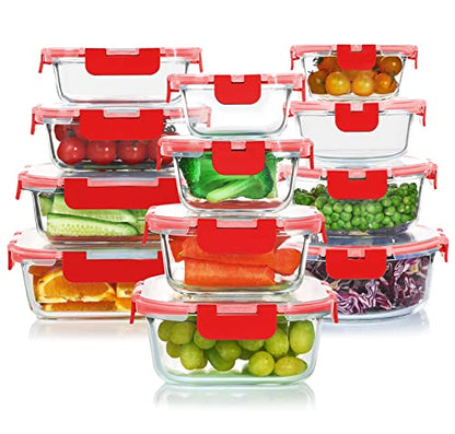 KOMUEE 24 Pieces Glass Food Storage Containers Set, Meal Prep Containers, BPA-Free Airtight Glass Storage Containers with lids, Freezer, Microwave and Oven Safe, Red - color: Red