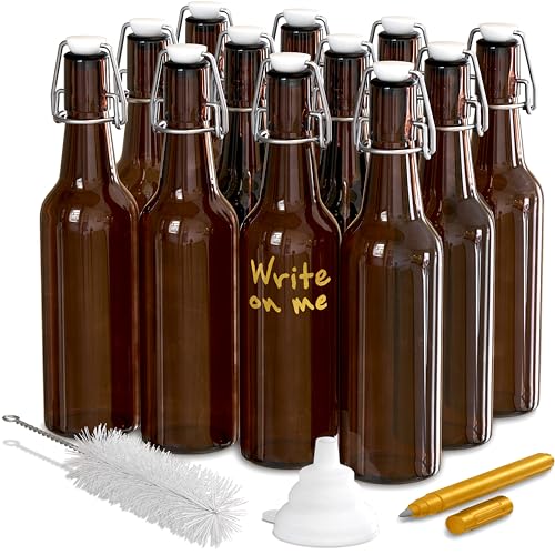 Nevlers Swing Top Glass Bottles 16oz | Empty Beer Bottles for Home Brewing | 12 Pack Amber Resealable Flip Top Glass Bottle Set for Fermentation or General Storage | Durable Kombucha Bottle Bottling Kit - size: 12 Pack, style: 16 Ounce
