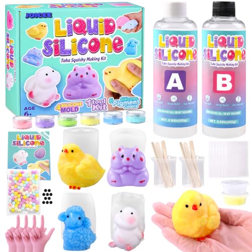 JOICEE Taba Squishy Kit, Taba Squishy Making Kit 18OZ Bubble Free Liquid Silicone with 4 Molds for Making Your Own Squishies Maker Kits DIY Crafts Kit Party Favors Stress Relief Toys Gifts - style: 3D Molds Taba